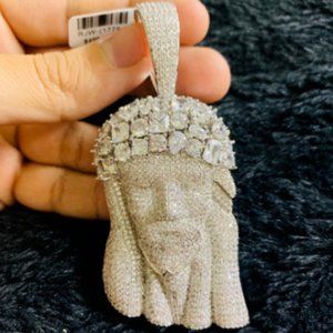 White Gold Finish Jesus Head Religious Pendant